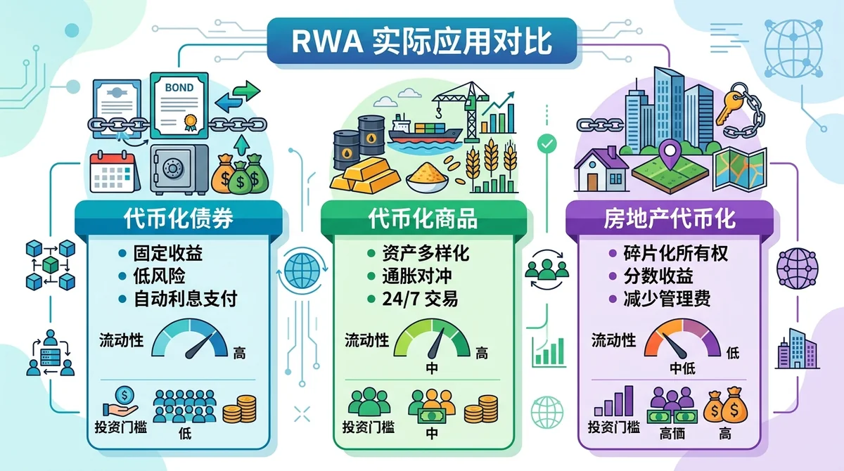 RWA实际应用对比表/图:比较代币化债券、代币化商品、房地产代币化的特点、流动性、投资门槛