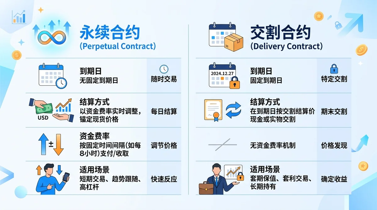 快速对比表，以两列形式展示永续合约和交割合约在到期日、结算方式、资金费率、适用场景四个维度的差异。