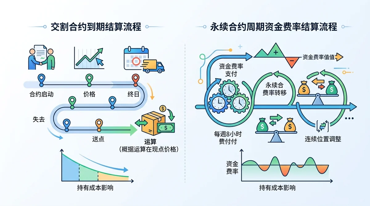 结算机制对比流程图，左侧展示交割合约到期结算流程，右侧展示永续合约周期资金费率结算流程，包含时间轴和持有成本影响。