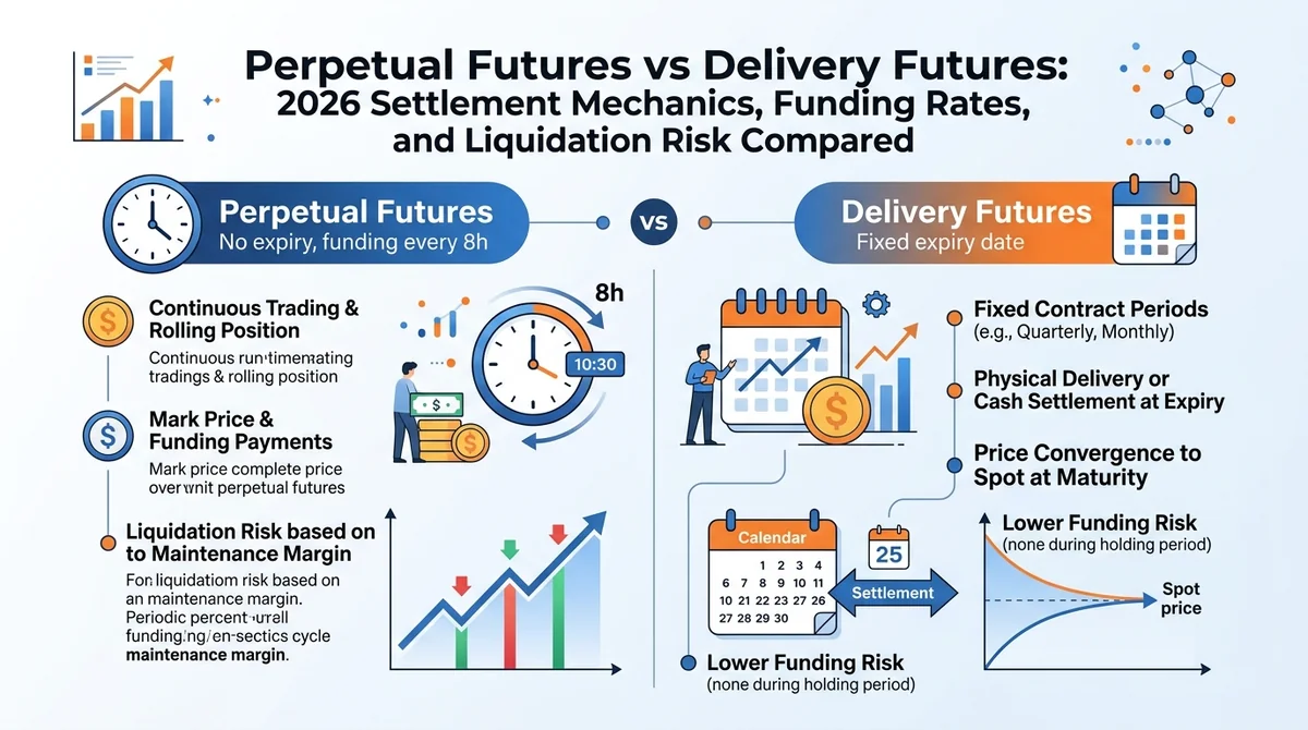 Perpetual Futures vs Delivery Futures: 2026 Settlement Mechanics, Funding Rates, and Liquidation Risk Compared