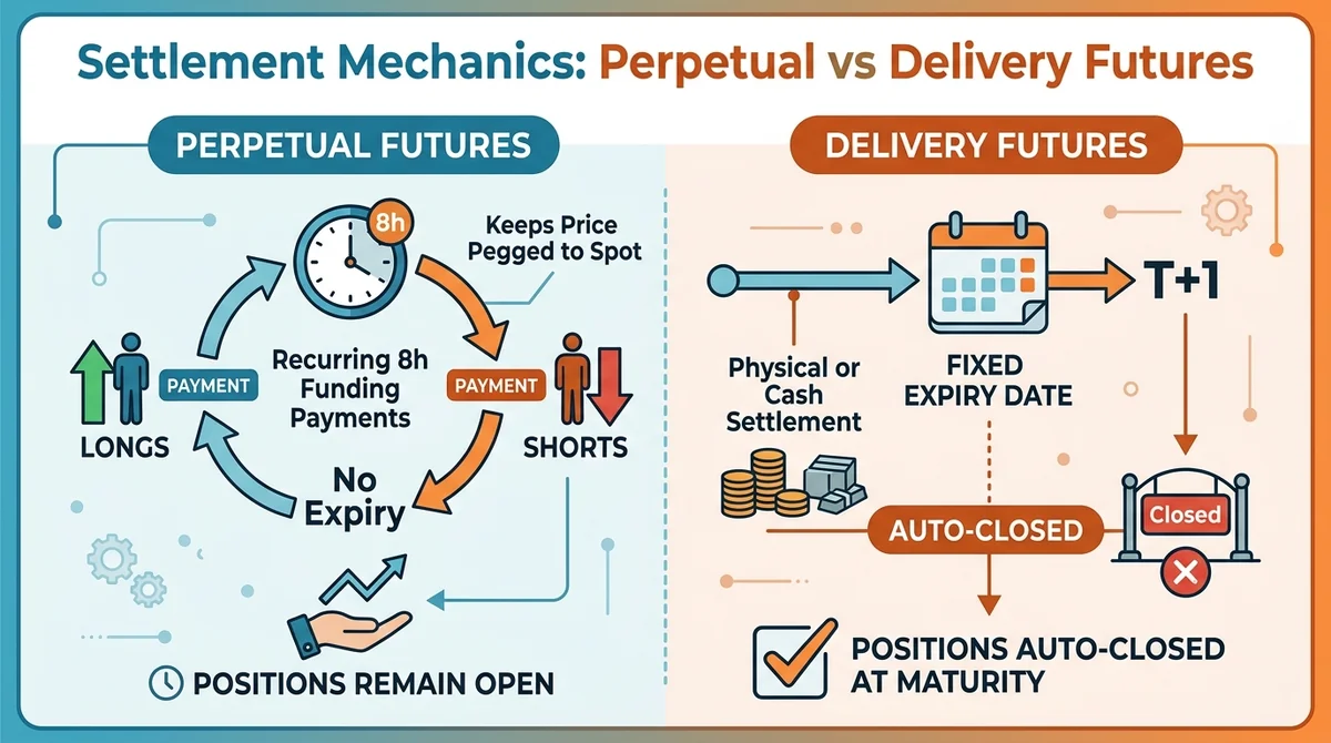 Wide 16:9 horizontal infographic, main subject centered and fills frame, side-by-side flow diagram comparing perpetual future