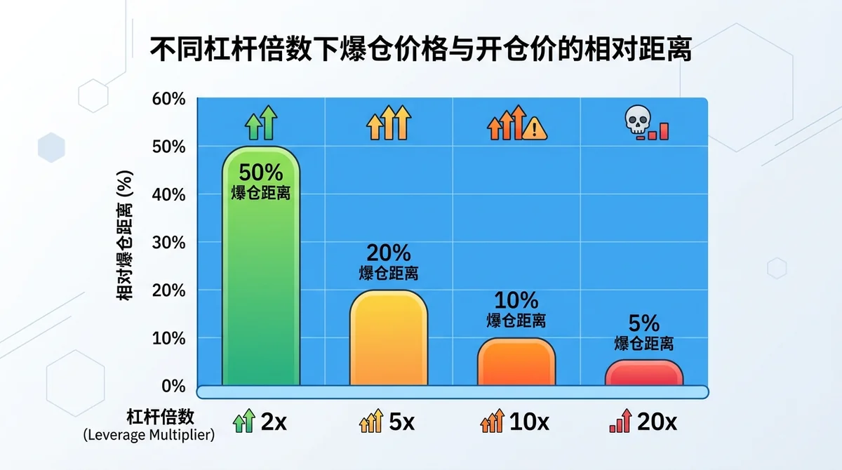 柱状图展示不同杠杆倍数(2x, 5x, 10x, 20x)下爆仓价格相对于开仓价的距离,杠杆越高距离越小。