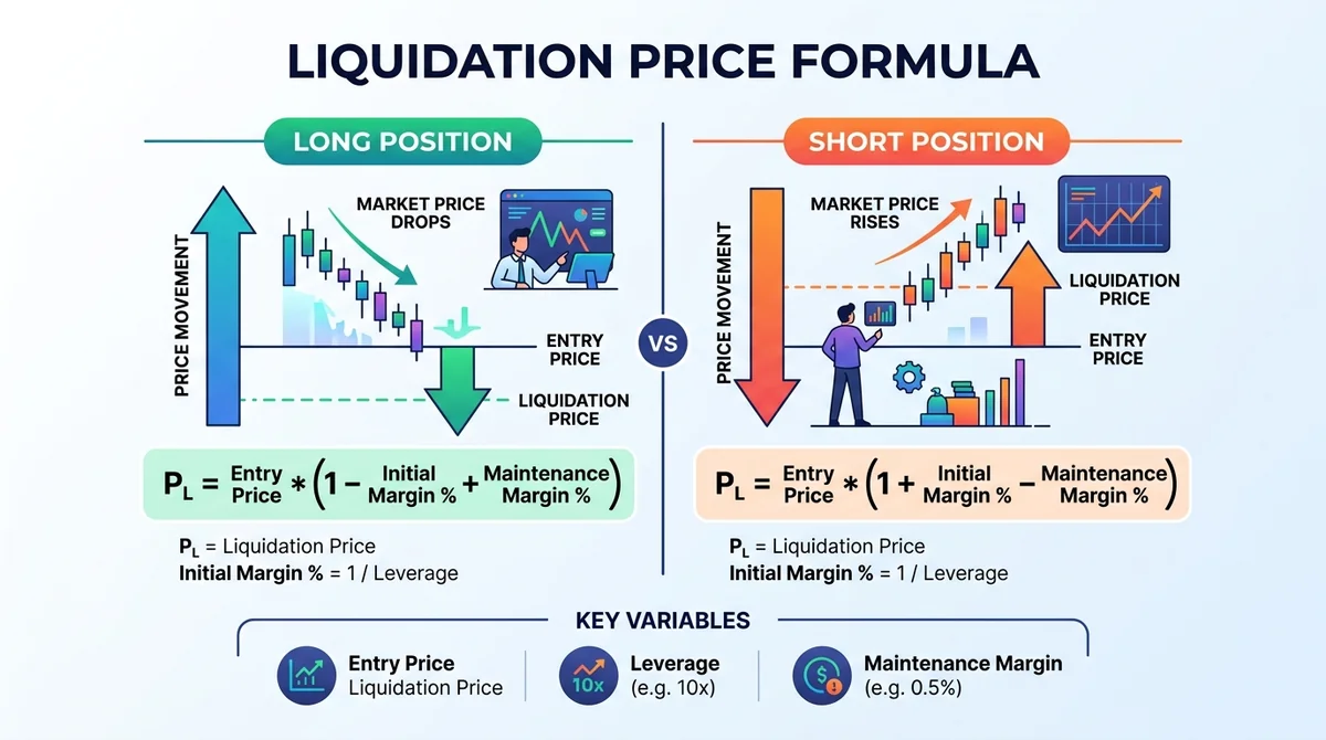 Wide 16:9 horizontal infographic, shows liquidation price formula with English variables, arrows for long vs short (long belo