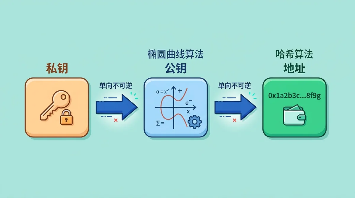 流程图展示私钥通过椭圆曲线算法生成公钥,公钥通过哈希生成地址,箭头单向不可逆。