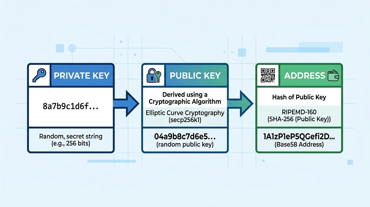 Wide 16:9 horizontal flow diagram, three nodes connected by one-way arrows: 'Private Key' (random string) -> 'Public Key' (cr