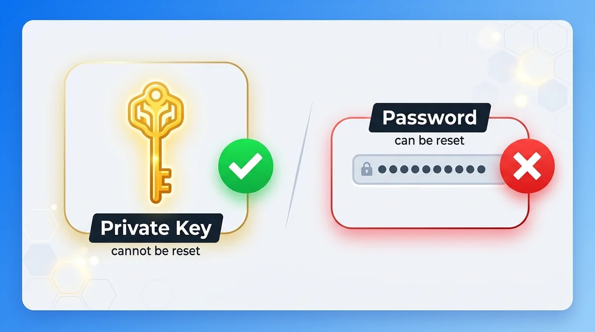Wide 16:9 horizontal flat icon composition, left side golden key with label 'Private Key: cannot be reset' and green checkmar