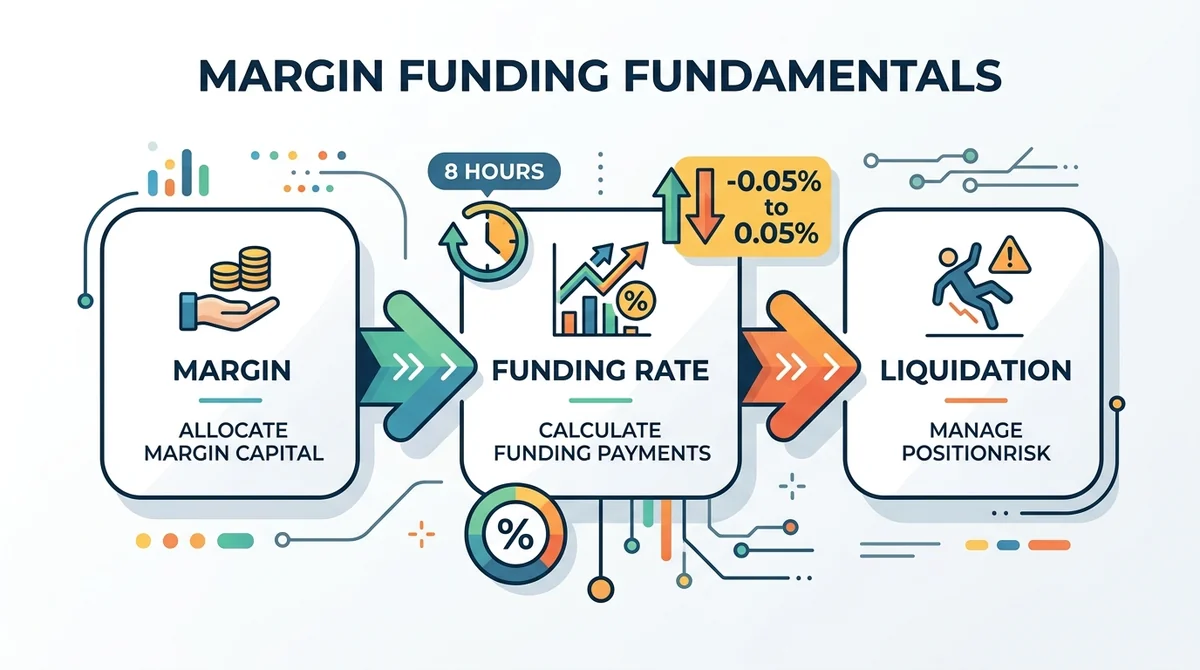 Wide 16:9 horizontal infographic, central flow diagram with three connected steps Margin, Funding Rate, Liquidation, arrows c