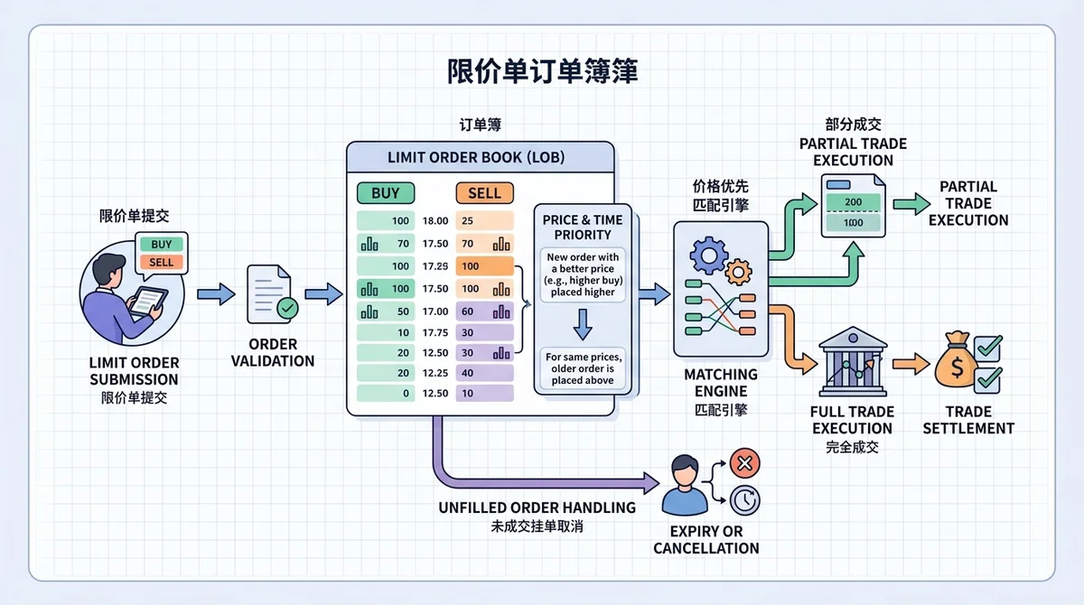 限价单挂单机制流程图:展示订单进入订单簿、价格优先时间优先匹配、可能部分成交、未成交挂单取消的完整流程