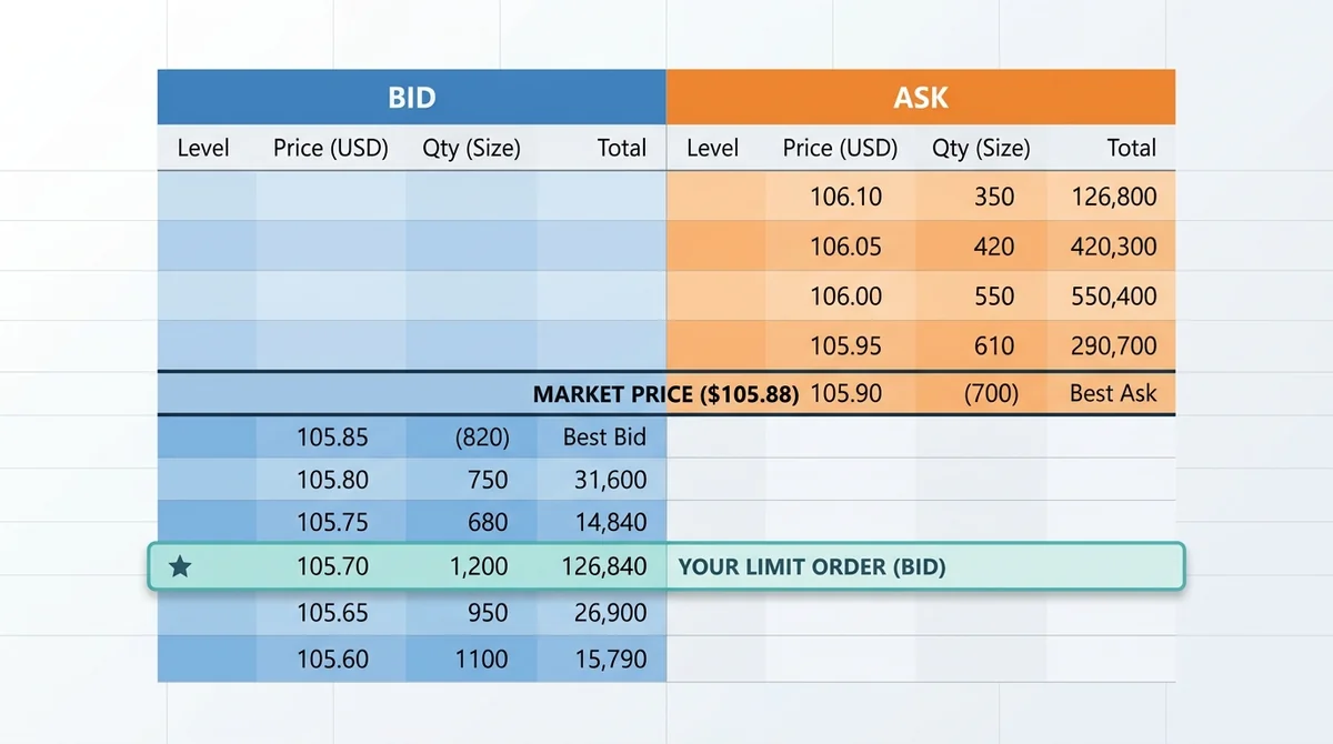 Wide 16:9 horizontal diagram, order book with two columns Bid and Ask, a highlighted limit order placed on the bid side below
