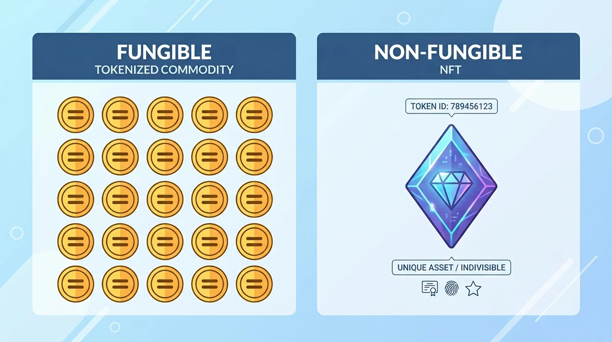 Wide 16:9 horizontal diagram, two sides: left many identical circular gold tokens with equal signs, right one unique diamond