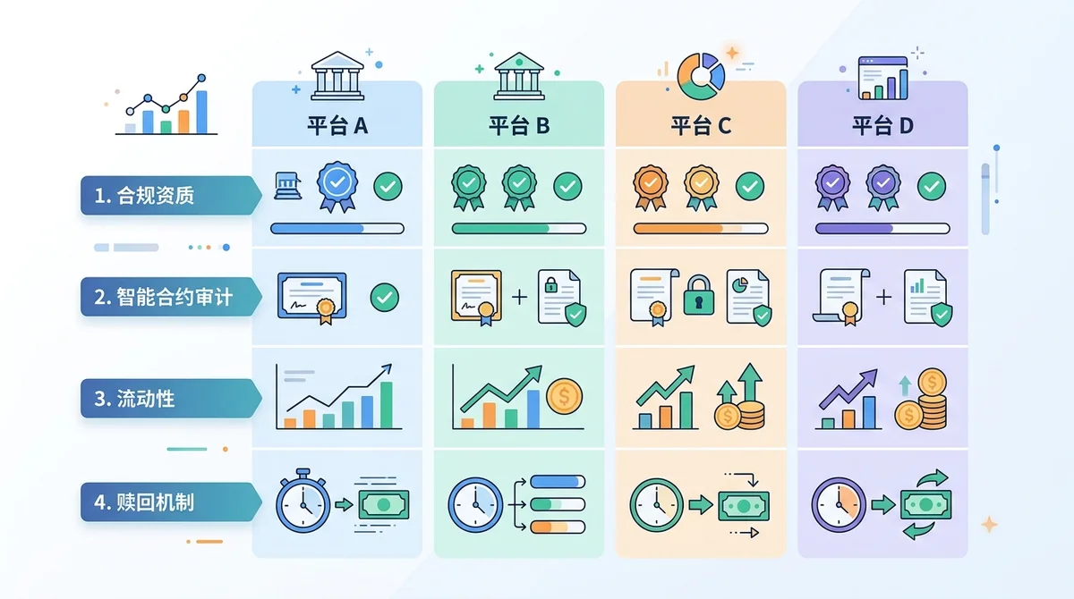 比较 4 个代币化债券平台的合规资质、智能合约审计、流动性和赎回机制,用表格或条形图展示