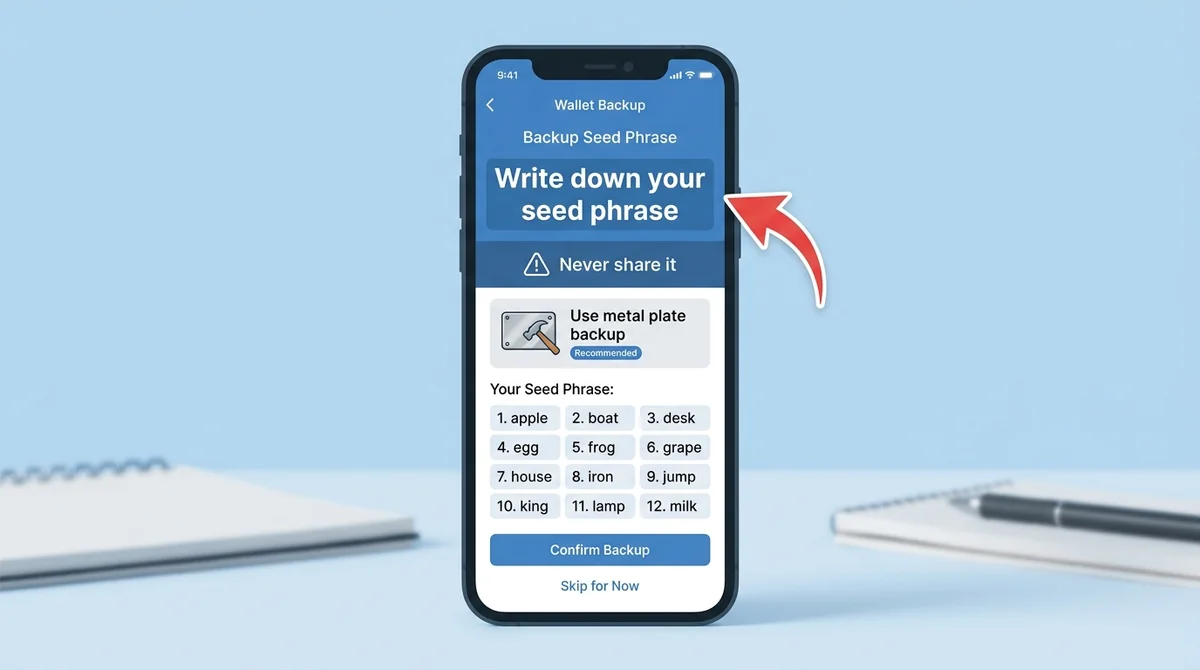 Wide 16:9 horizontal image, mobile phone screen centered showing a non-custodial wallet seed phrase backup interface, red arr