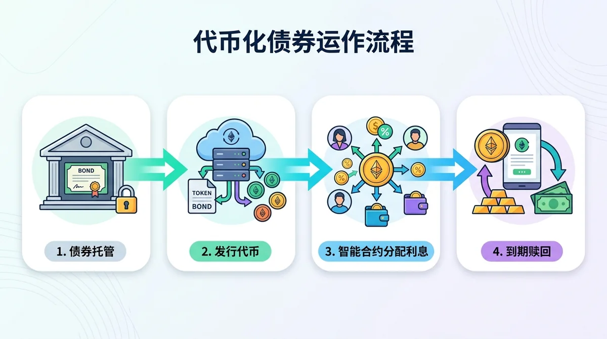 代币化债券运作流程四步信息图:债券托管 → 发行代币 → 智能合约分配利息 → 到期赎回,用横向箭头连接四个步骤。