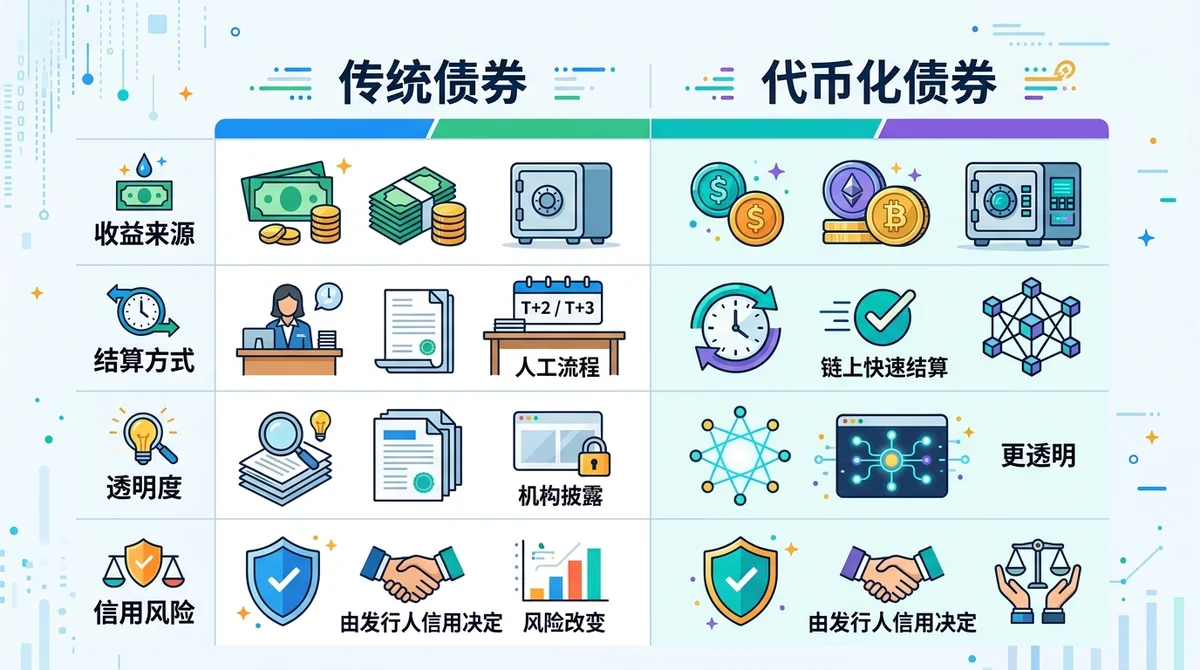传统债券与代币化债券对比表格:行维度包括收益来源、结算方式、透明度、信用风险;代币化债券列标注链上结算更快更透明,但信用风险不变。