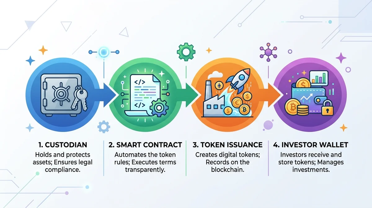 Wide 16:9 horizontal infographic, four connected step icons left to right: custodian, smart contract, token issuance, investo