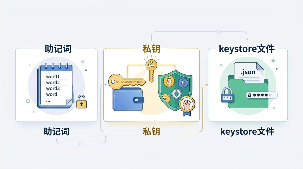 展示加密钱包文件备份包含的三类核心内容:助记词、私钥、keystore文件,并强调私钥控制资产所有权的概念