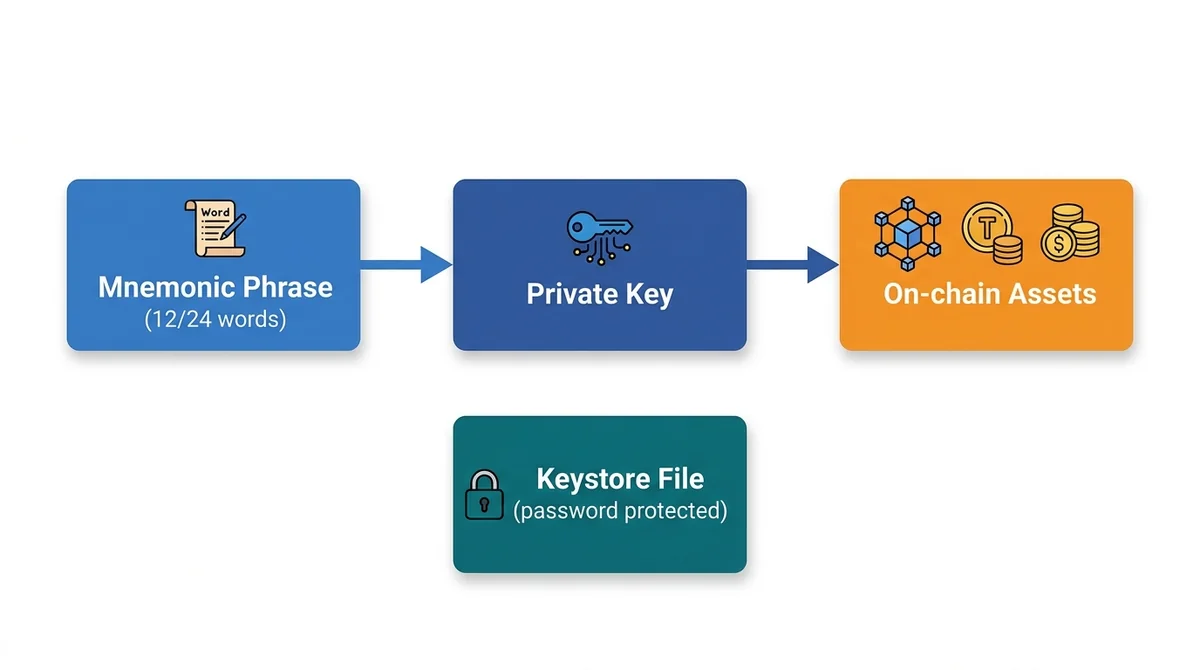Clean flat diagram, wide 16:9 horizontal. Three connected blocks: 'Mnemonic Phrase (12/24 words)' with arrow to 'Private Key'