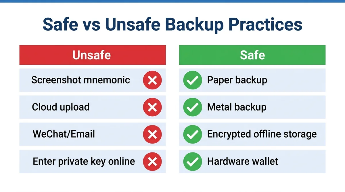 Wide 16:9 horizontal infographic, split into two columns. Left column 'Unsafe' with red X icons: 'Screenshot mnemonic', 'Clou