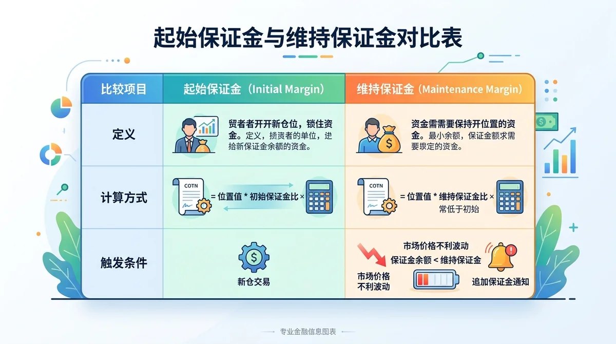 起始保证金与维持保证金对比表,包含定义、计算方式和触发条件