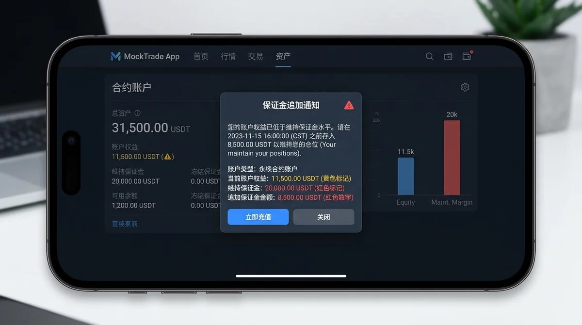 模拟交易所APP收到保证金追加通知的界面截图,显示通知弹窗、账户权益和维持保证金水平