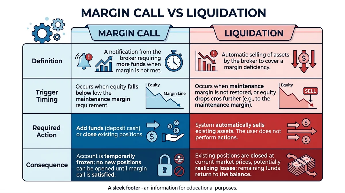 Wide 16:9 horizontal comparison table infographic, two columns labeled 'Margin Call' and 'Liquidation', rows for definition,