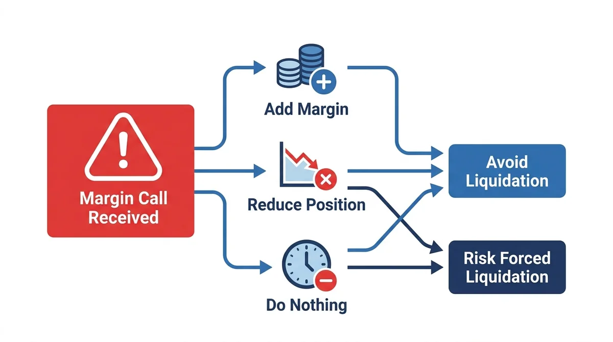 Wide 16:9 horizontal infographic, flowchart with center alert icon 'Margin Call Received', three branching paths labeled 'Add