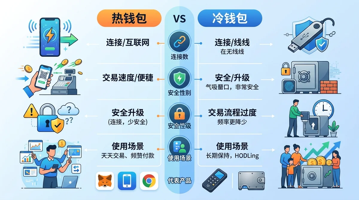 热钱包与冷钱包对比图，以两列对比形式展示安全性、便利性、适用场景、代表产品等维度