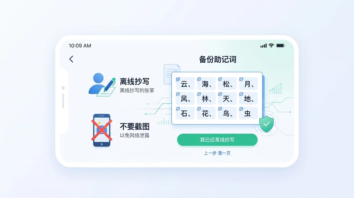 手机钱包创建界面截图，展示助记词备份步骤，标注离线抄写、不要截图等安全提示