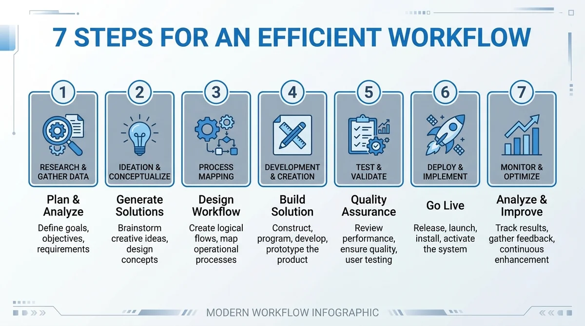 Wide 16:9 horizontal infographic, 7 numbered rectangular steps arranged in a row, each with a short English label and simple