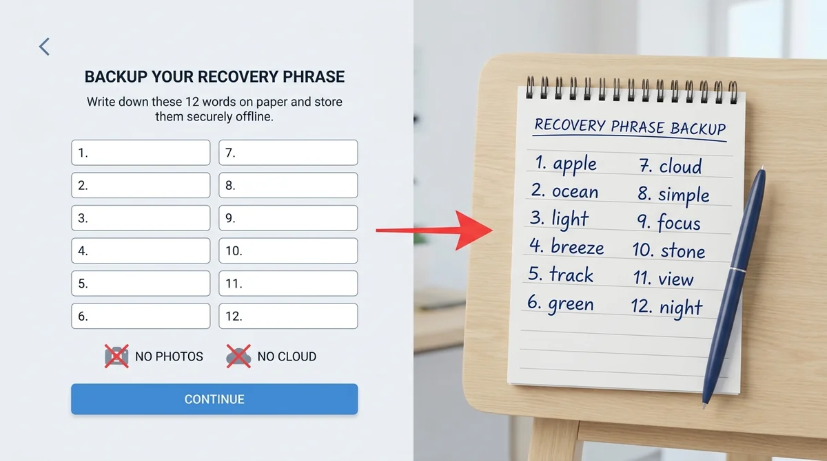 Wide 16:9 horizontal step screenshot mockup, left side shows offline wallet seed phrase backup screen with 12 blank word boxe