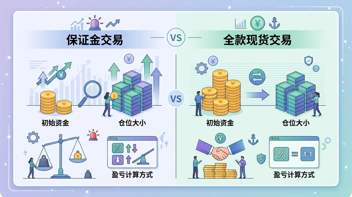 保证金交易 vs 全款现货交易的对比图,展示初始资金、仓位大小、盈亏计算方式等差异,用双栏对比形式