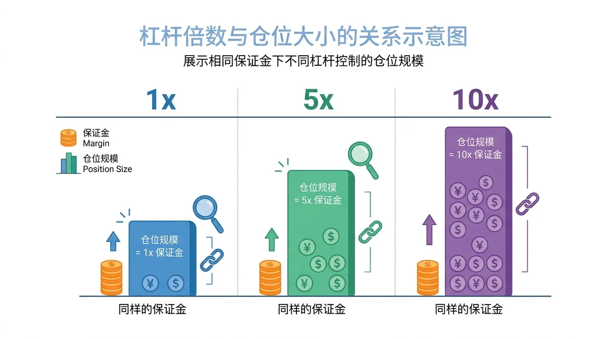 杠杆倍数与仓位大小的关系示意图,展示 1x, 5x, 10x 杠杆下同样保证金可以控制的仓位规模,用货币符号和柱状长度可视化