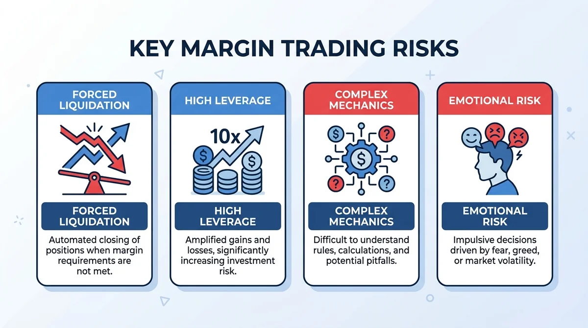 Wide 16:9 horizontal infographic, four icon-based risk cards in a row: 'Forced Liquidation', 'High Leverage', 'Complex Mechan