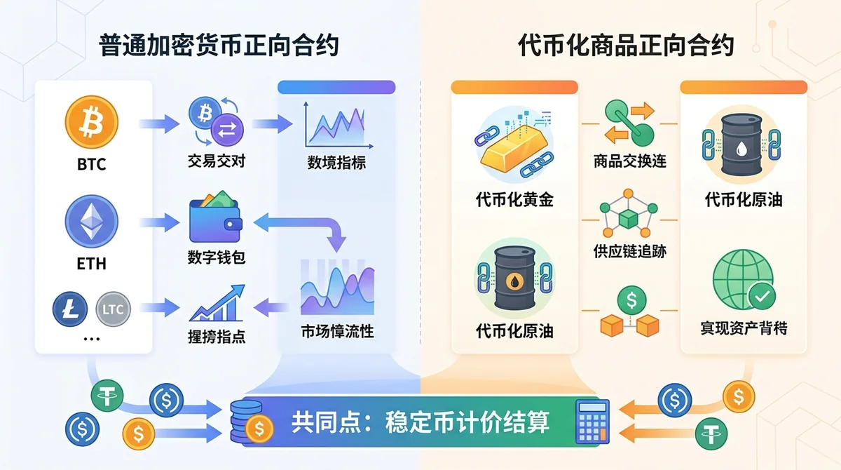 普通加密货币正向合约与代币化商品正向合约的并排对比图:左侧展示BTC/ETH等加密资产,右侧展示代币化黄金/原油,底部共同点标注稳定币计价结算