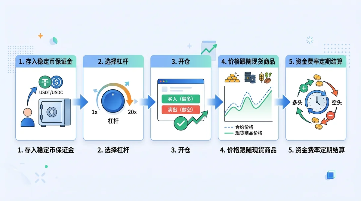 代币化商品正向合约运作流程信息图:存入稳定币保证金 -> 选择杠杆 -> 开仓 -> 价格跟随现货商品 -> 资金费率定期结算,步骤式箭头流程