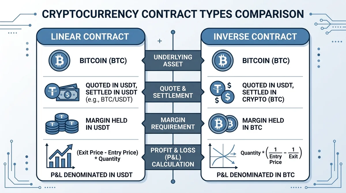Wide 16:9 horizontal comparison infographic, two columns 'Linear Contract' and 'Inverse Contract', rows Underlying, Quote/Set