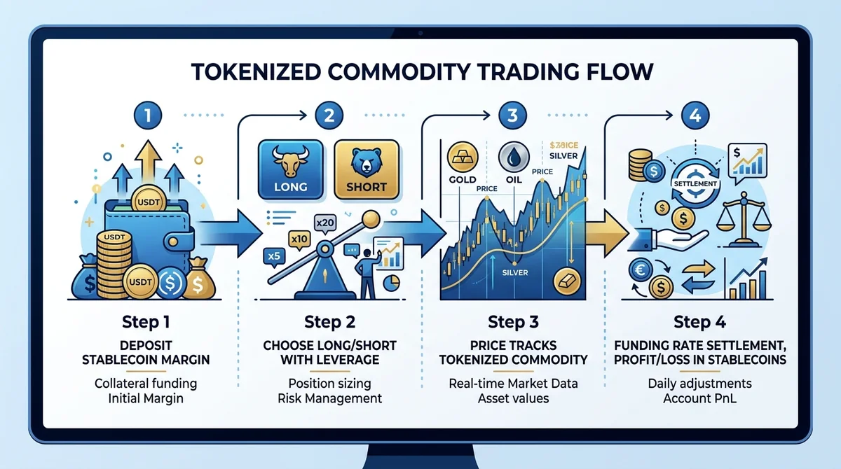 Wide 16:9 horizontal process flow infographic, four numbered steps connected by arrows, step 1 deposit stablecoin margin, ste