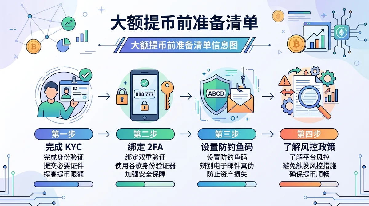 大额提币前准备清单信息图:展示完成 KYC、绑定 2FA、设置防钓鱼码、了解风控政策等准备步骤,用图标列表呈现