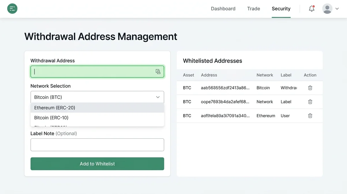 Wide 16:9 horizontal screenshot mockup of a cryptocurrency exchange security settings page, main subject centered, fills fram