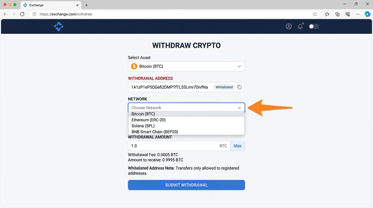 Wide 16:9 horizontal screenshot mockup of an exchange withdrawal form, main subject centered, fills frame, title 'Withdraw Cr