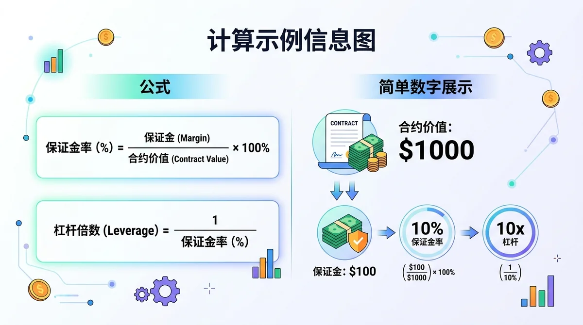 计算示例信息图：左侧写公式，右侧用简单数字展示1000美元合约、100美元保证金 = 10%保证金率、10倍杠杆。