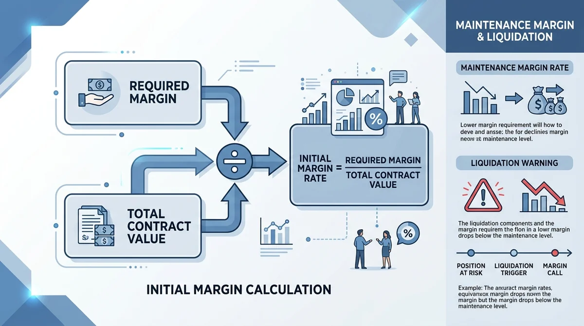 Wide 16:9 horizontal infographic, central flow diagram showing formula 'Initial Margin Rate = Required Margin / Total Contrac
