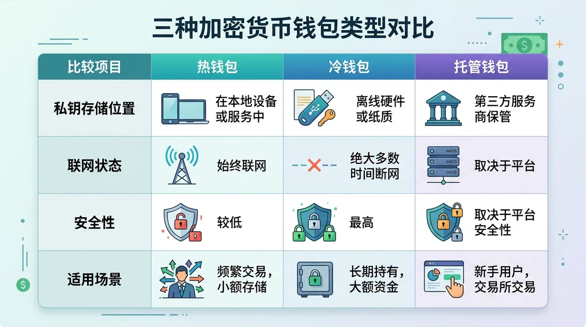 三种加密货币钱包类型对比表：热钱包、冷钱包、托管钱包，比较私钥存储位置、联网状态、安全性、适用场景