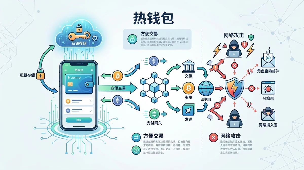 热钱包运作示意图：联网设备（手机/电脑）中的私钥，交易便捷但易受网络攻击