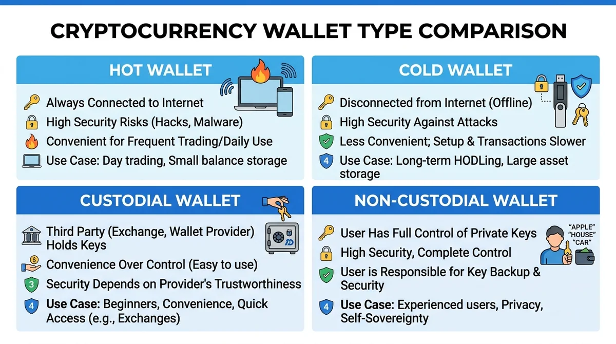 Wide 16:9 horizontal infographic table, 2x2 grid comparing wallet types: top row 'Hot Wallet' and 'Cold Wallet', bottom row '