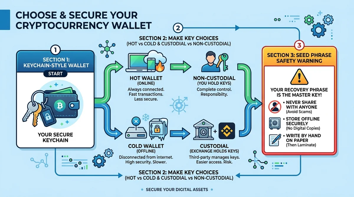 Wide 16:9 horizontal infographic, flowchart layout with three sections: (1) wallet like a keychain, (2) two branches for hot