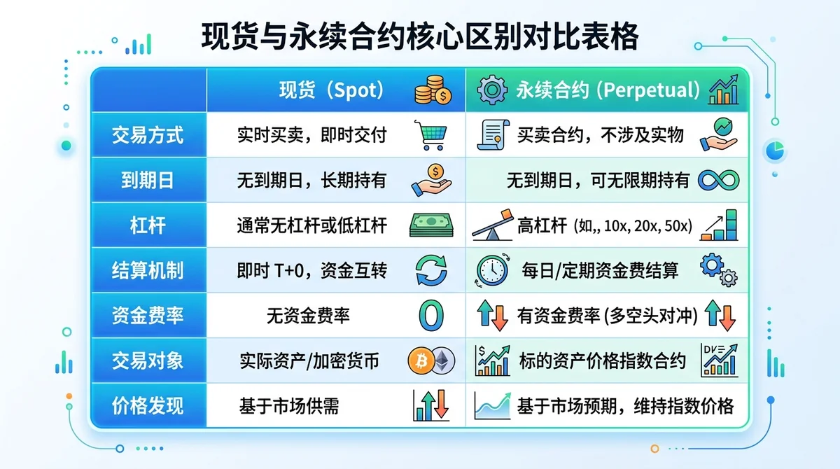 现货与永续合约核心区别对比表格，包含交易方式、到期日、杠杆、结算机制、资金费率等维度，清晰对比两列