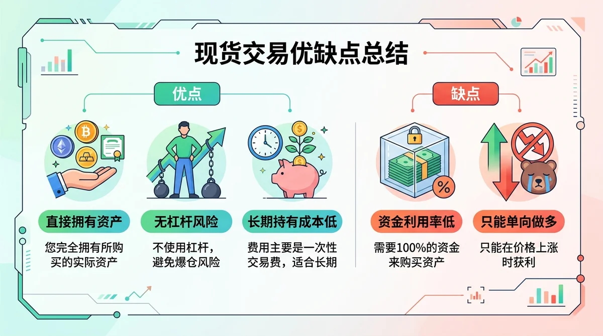 现货交易优缺点总结信息图，左侧列出优点（直接拥有资产、无杠杆风险、长期持有成本低），右侧列出缺点（资金利用率低、只能单向做多）