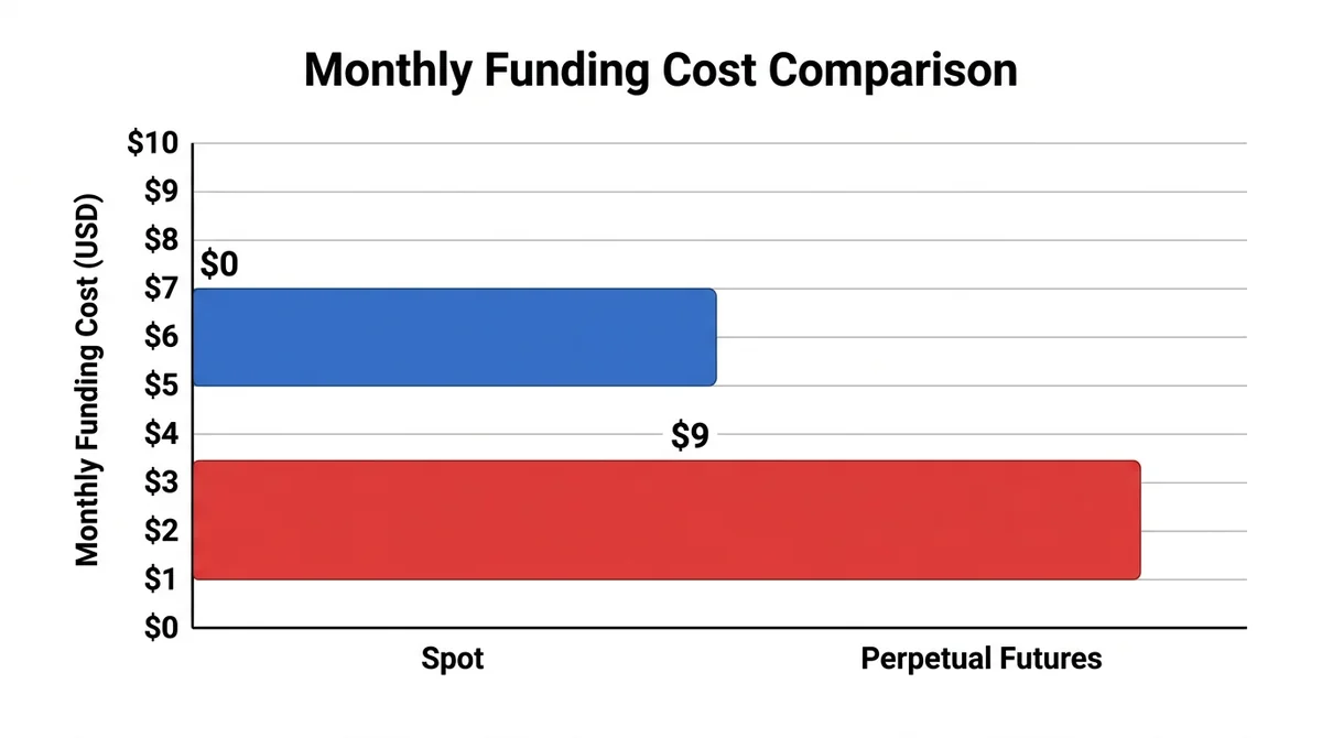 Wide 16:9 horizontal bar chart, two bars labeled 'Spot' and 'Perpetual Futures', y-axis labeled 'Monthly Funding Cost (USD)'