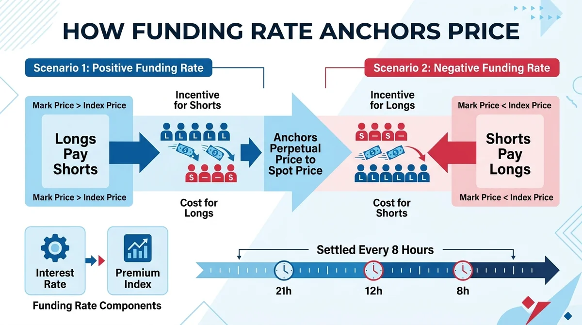 Wide 16:9 horizontal infographic, central flow diagram with arrows showing two scenarios: positive funding rate where longs p